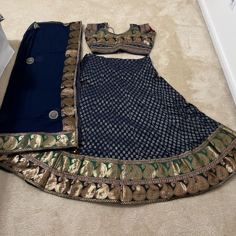 Indian Ethnic wear Navy and Gold Embroidered Lehenga Set